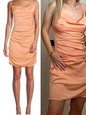Ramy Brook Kiki Satin Cowl Neck Peach Dress Ruched Side Detailing